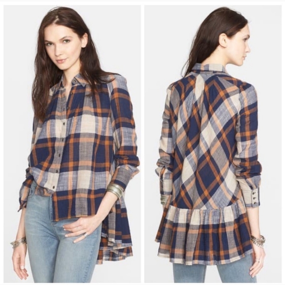 Free People Tops - Free People Peppy In Plaid Button Up Tunic Top in Navy Combo Size Large